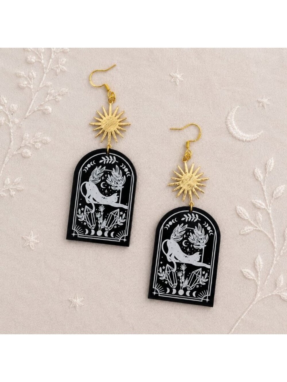 Celestial Cat Earrings Black Acrylic Earrings Witchy Cat Earrings Moon Phase